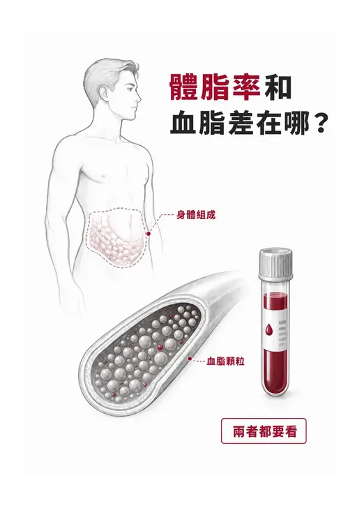 體脂率測身體組成、血脂測血液裡的脂蛋白顆粒，兩者都要看