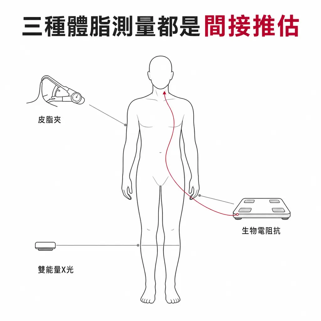 皮脂夾、生物電阻抗與雙能量 X 光三種體脂率測量方式都屬於間接推估