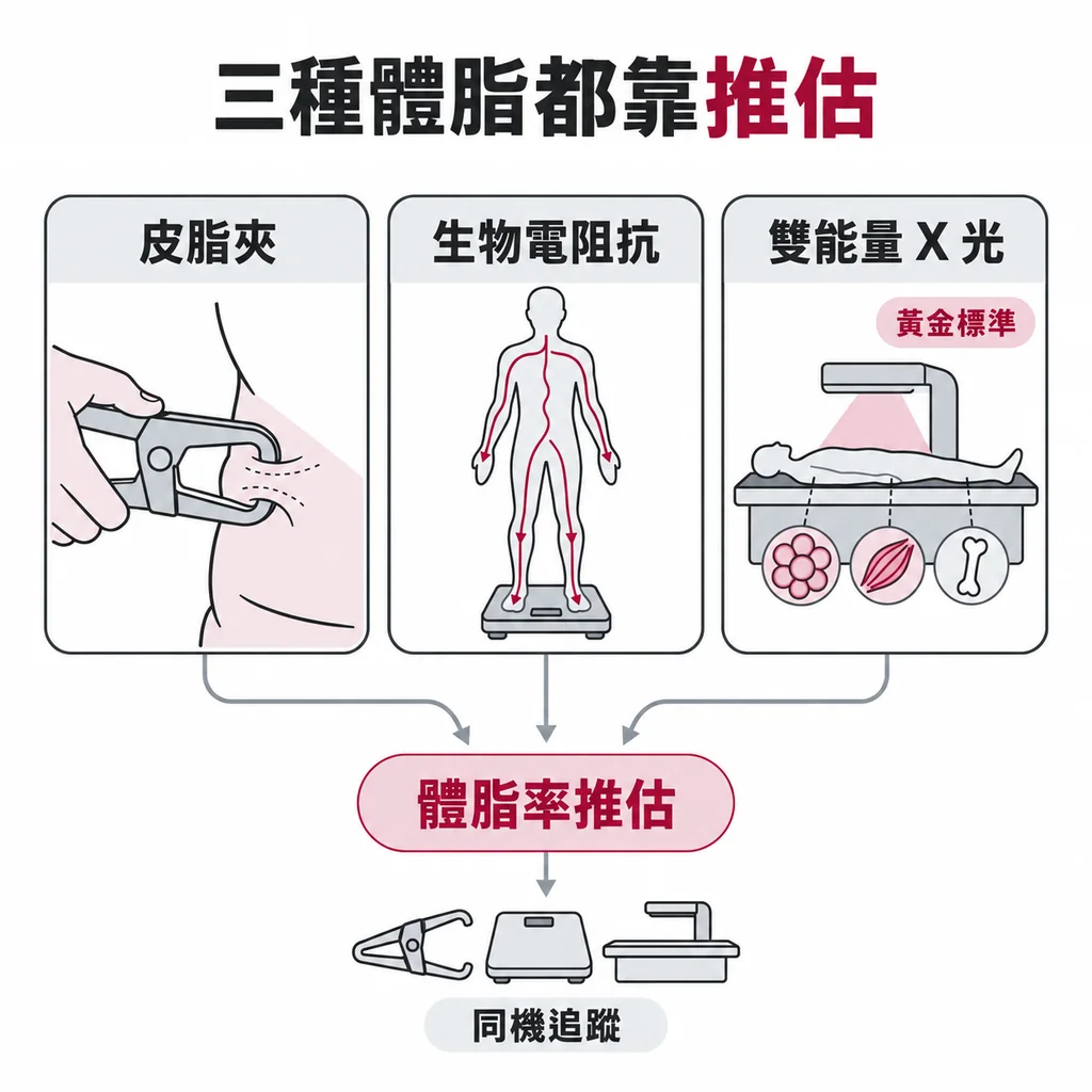 皮脂夾、生物電阻抗與雙能量 X 光三種體脂率測量方式都屬於間接推估