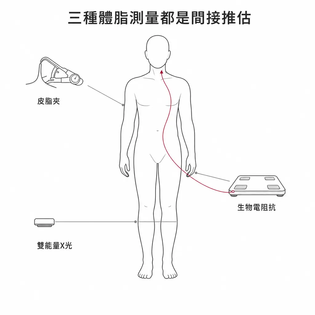 皮脂夾、生物電阻抗與雙能量 X 光三種體脂率測量方式都屬於間接推估