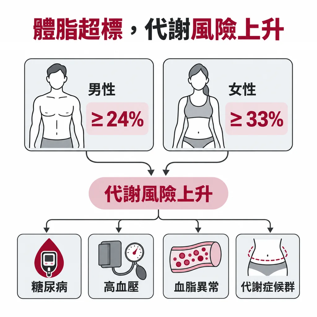 體脂率男性 24%、女性 33% 以上與代謝疾病風險上升有關