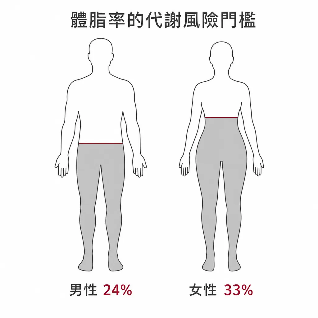 體脂率男性 24%、女性 33% 以上與代謝疾病風險上升有關