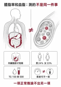 體脂率測身體組成、血脂測血液裡的脂蛋白，兩者不能互相取代