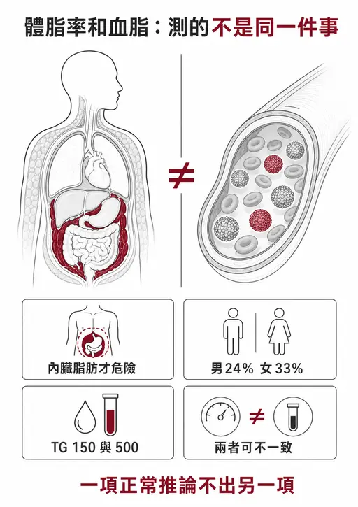 體脂率測身體組成、血脂測血液裡的脂蛋白，兩者不能互相取代