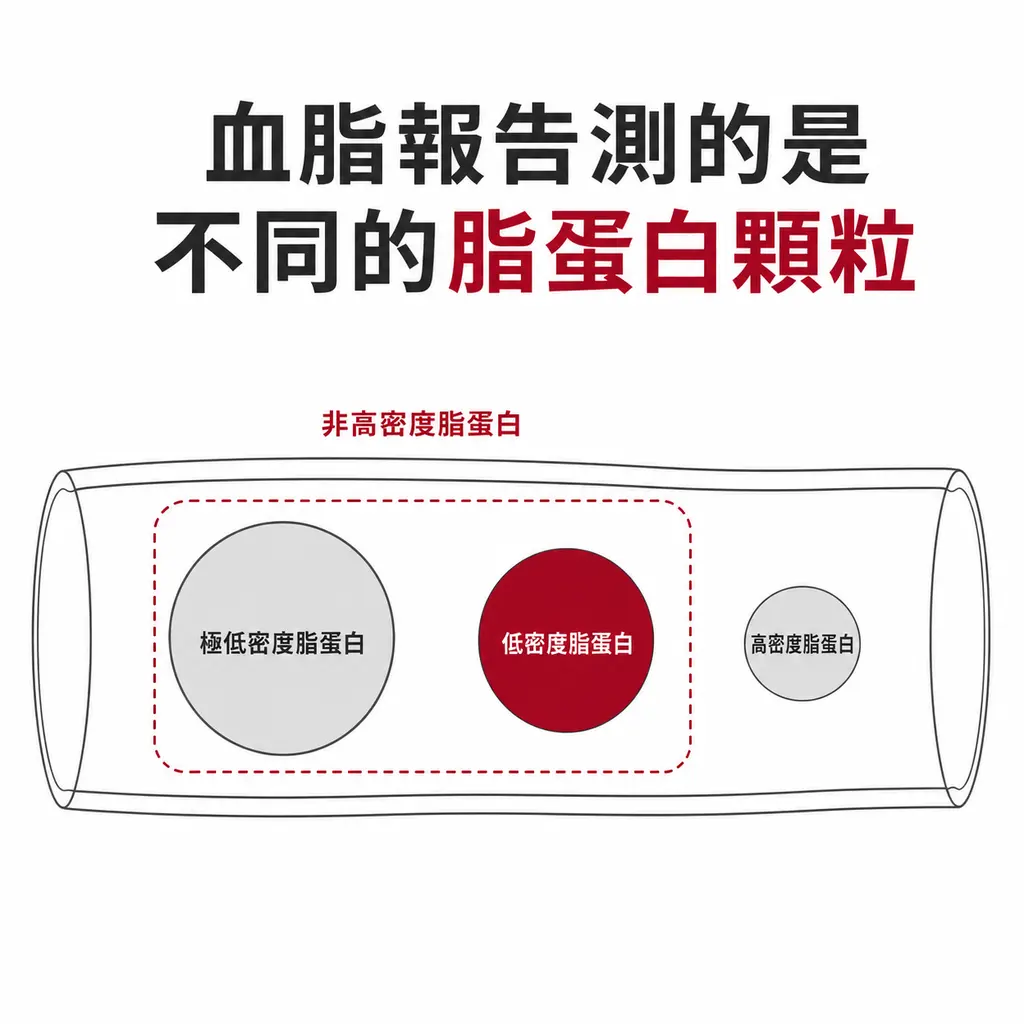血管內的極低密度脂蛋白、低密度脂蛋白與高密度脂蛋白顆粒，非高密度脂蛋白涵蓋前兩者