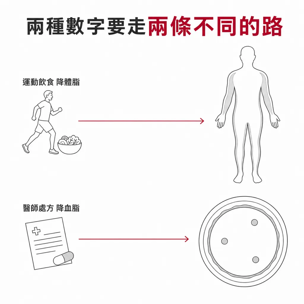 運動與飲食調整降低體脂率，醫師處方藥物降低血脂，兩條路徑不能互相取代