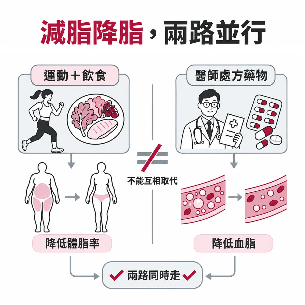 運動與飲食調整降低體脂率,醫師處方藥物降低血脂,兩條路徑不能互相取代