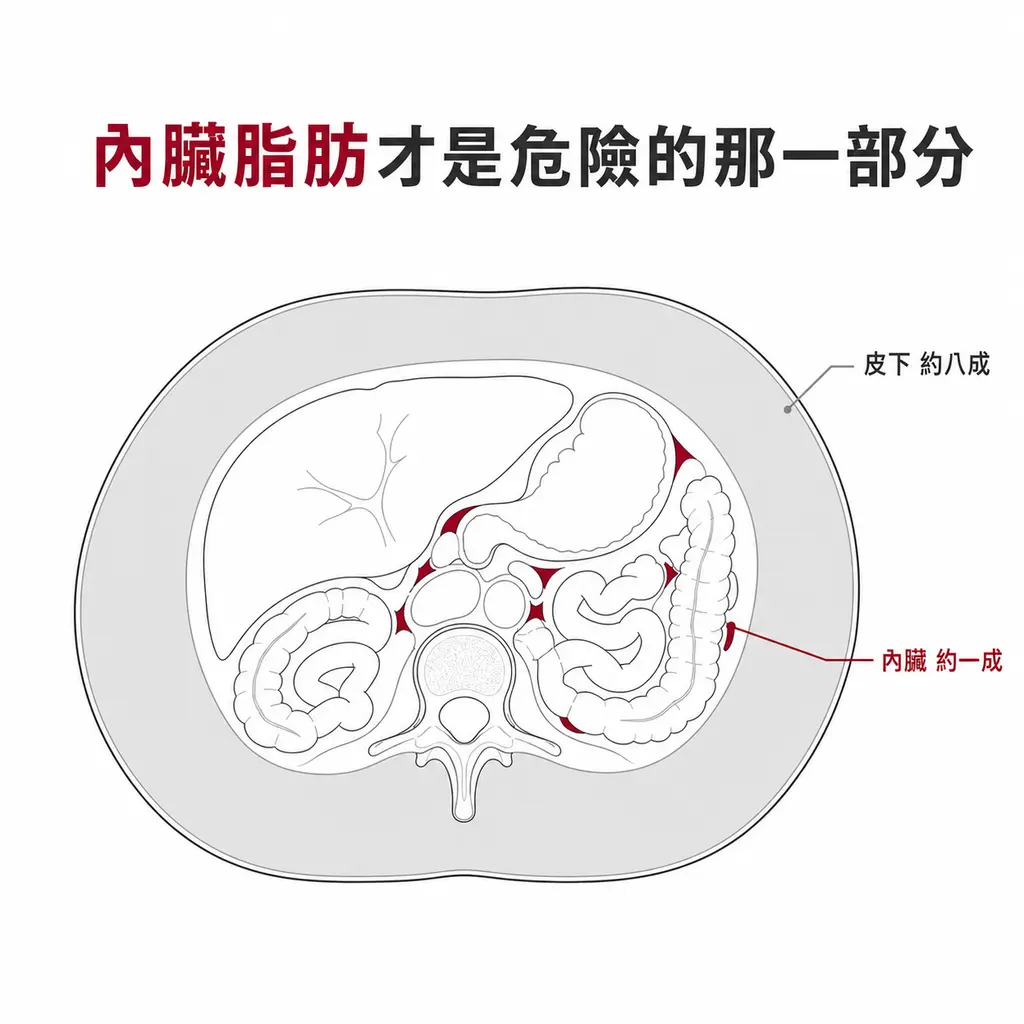 腹部橫切面示意：皮下脂肪約占全身脂肪八成，內臟脂肪僅約一成，但內臟脂肪才是危險的部分