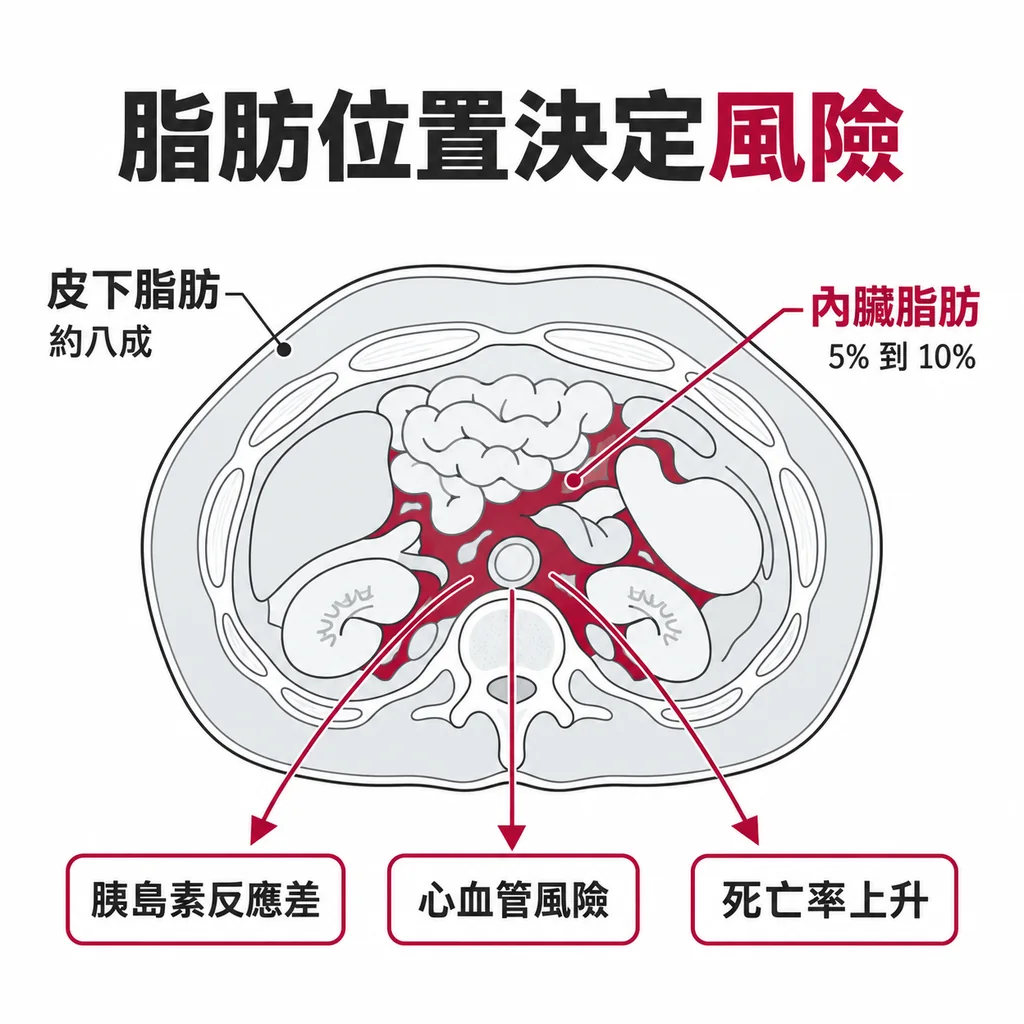 腹部橫切面示意:皮下脂肪約占全身脂肪八成,內臟脂肪僅約一成,但內臟脂肪才是危險的部分
