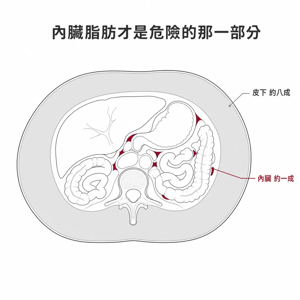 腹部橫切面示意：皮下脂肪約占全身脂肪八成，內臟脂肪僅約一成，但內臟脂肪才是危險的部分