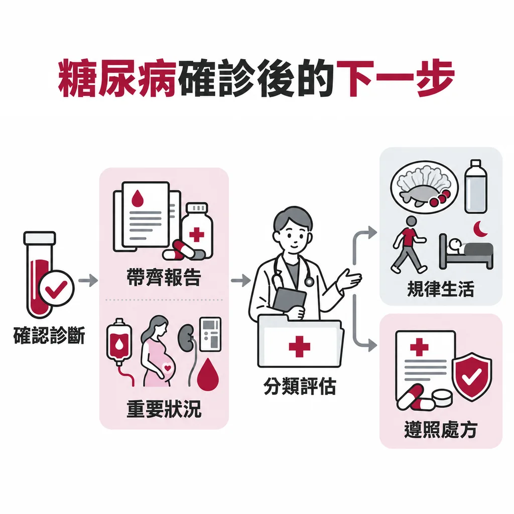先確認糖尿病診斷,再帶齊報告安排規律生活與後續評估