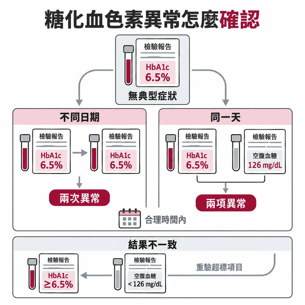 糖化血色素 6.5% 無症狀時可重驗或改驗血糖確認