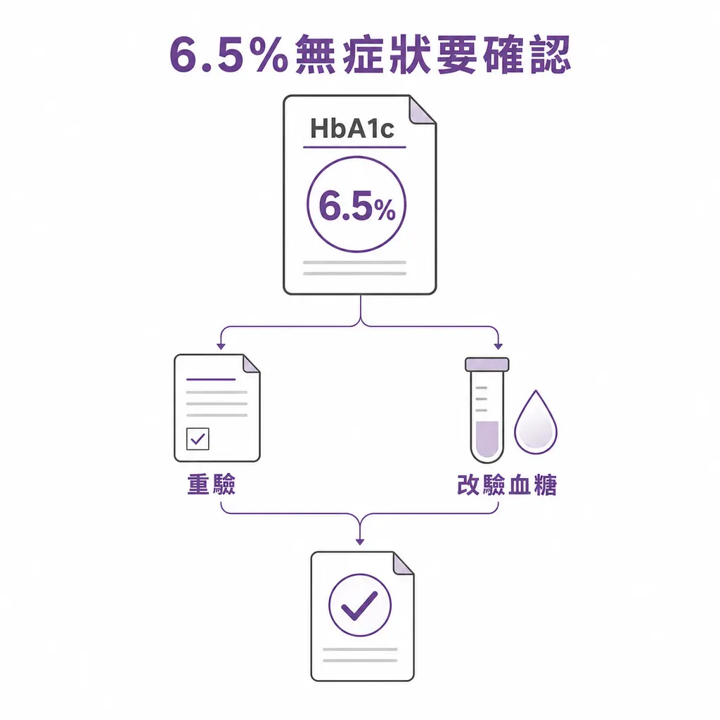 糖化血色素 6.5% 無症狀時，以重驗或直接血糖取得第二個異常結果