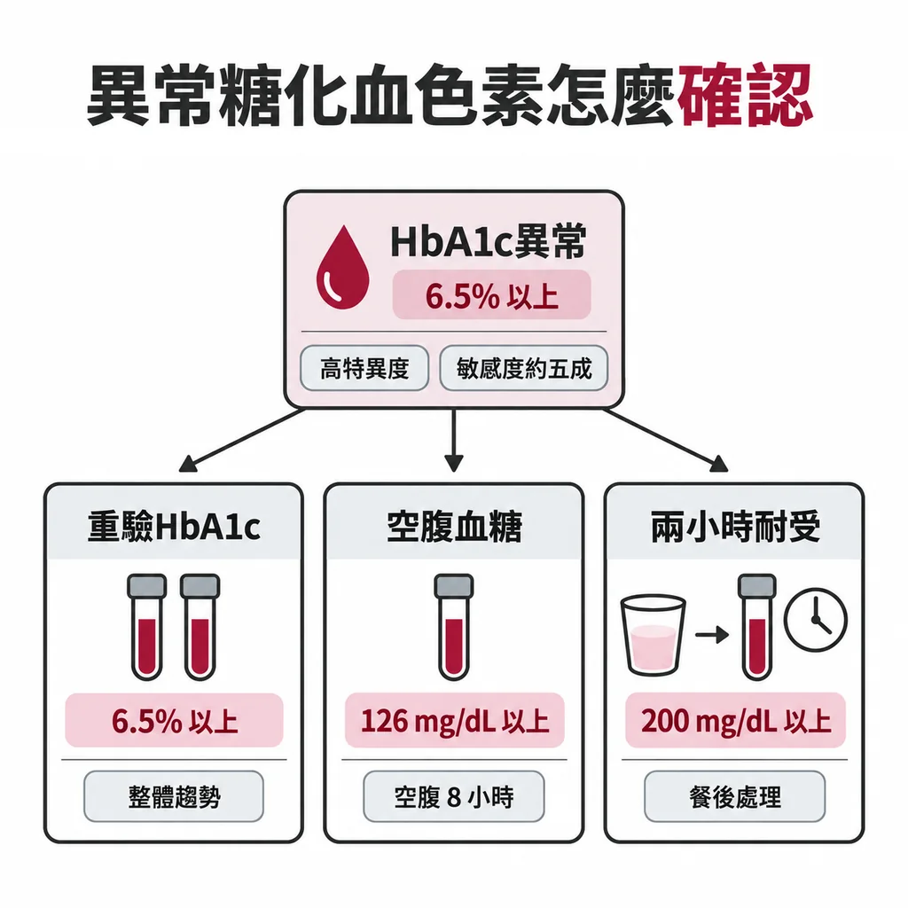 糖化血色素異常可用重驗、空腹血糖或喝糖水驗血確認