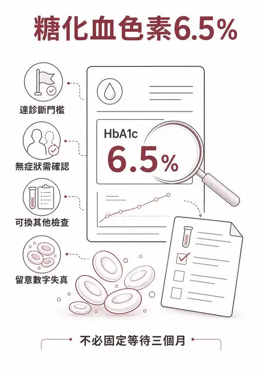糖化血色素 6.5% 達診斷門檻，無症狀時需確認並排除失真