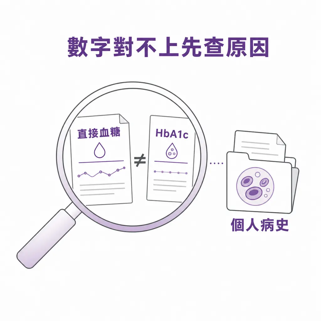 糖化血色素和直接血糖不一致時，以個人病史與紅血球因素查明原因
