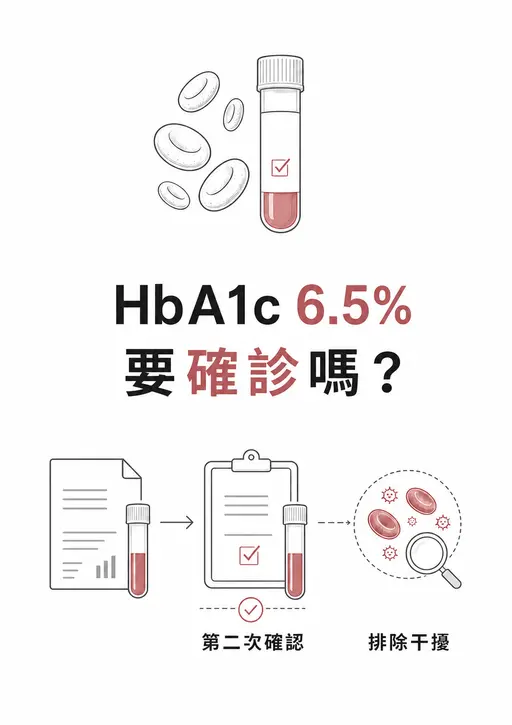 糖化血色素 6.5% 達門檻後，以第二個結果確認並排除紅血球等干擾