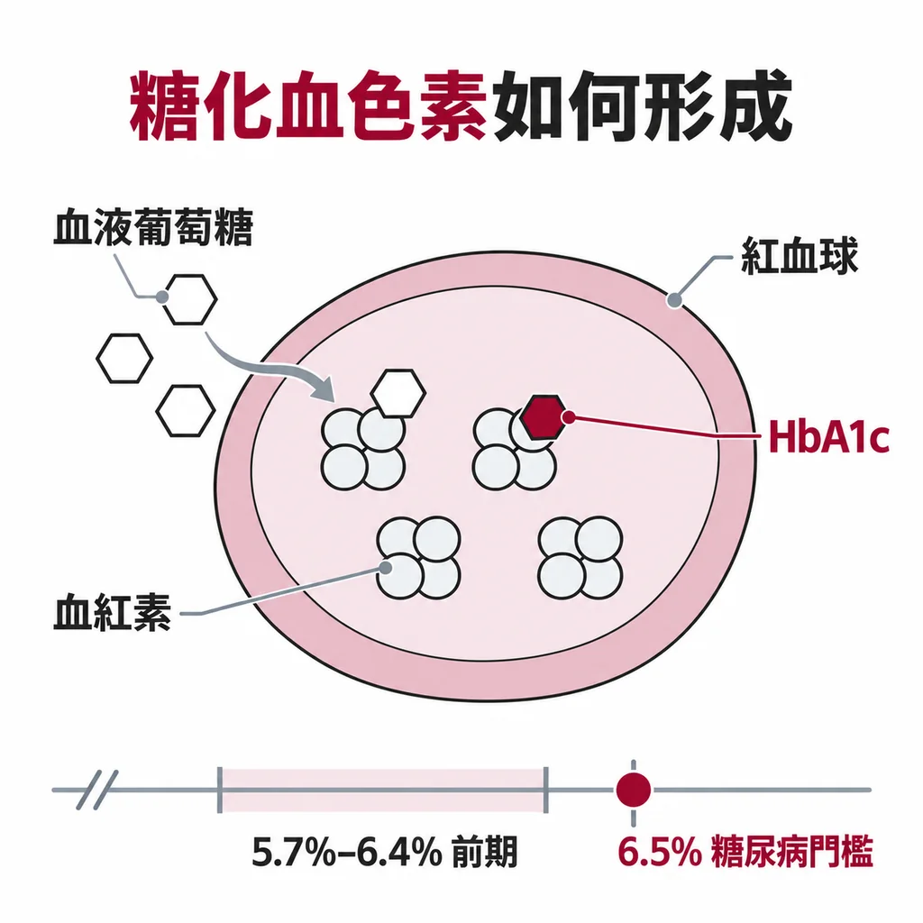 血糖黏上紅血球內的血紅素,形成糖化血色素