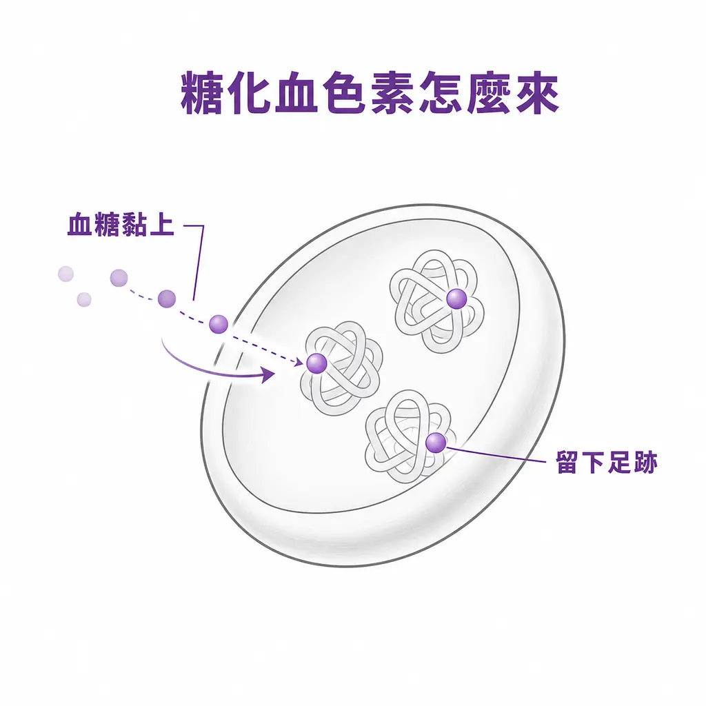 血糖逐漸黏上紅血球內的血紅素，形成糖化血色素