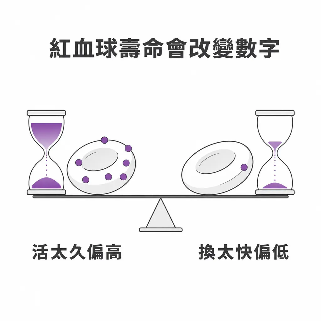 紅血球壽命過長或替換過快，可能使糖化血色素假性偏高或偏低