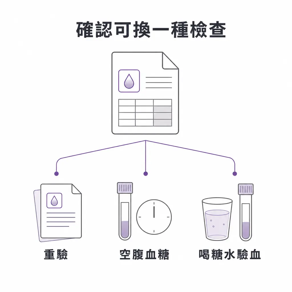 糖化血色素達門檻後，可用重驗、空腹血糖或喝糖水後驗血來確認