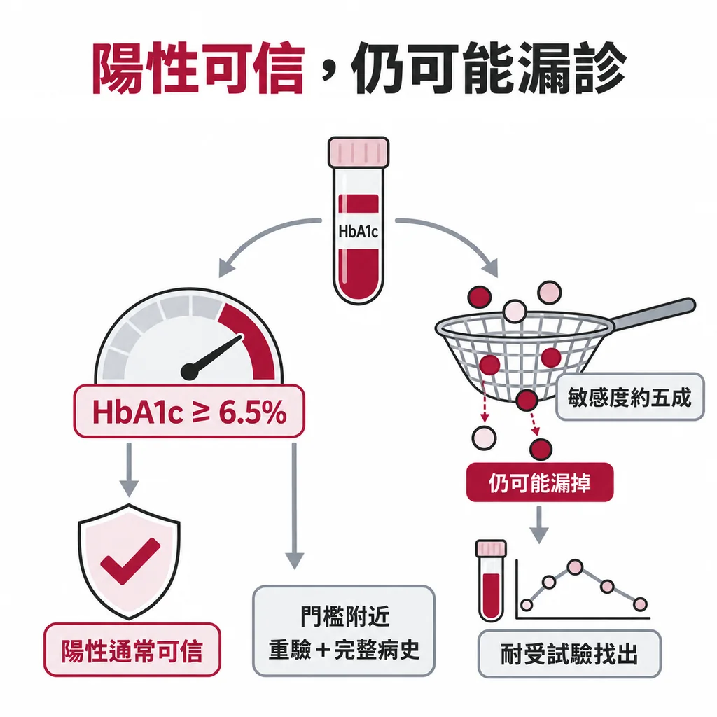 糖化血色素 6.5% 陽性通常可信,但仍可能漏掉個案