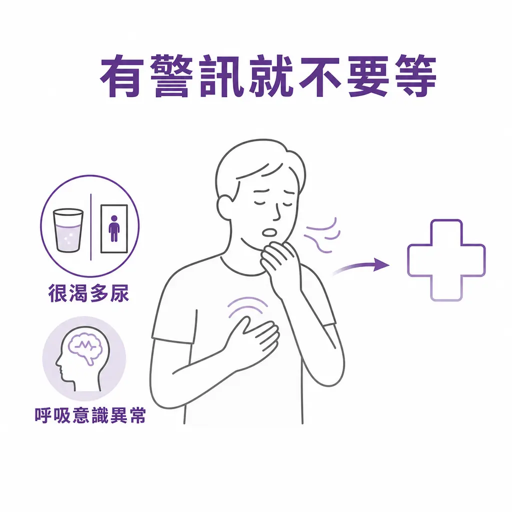 出現很渴多尿、噁心呼吸不順或意識變差等高血糖警訊時應就醫