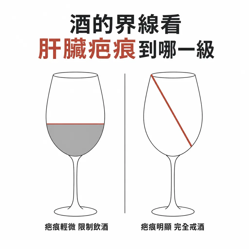 肝臟疤痕輕微時建議限制飲酒，疤痕明顯時建議完全戒酒