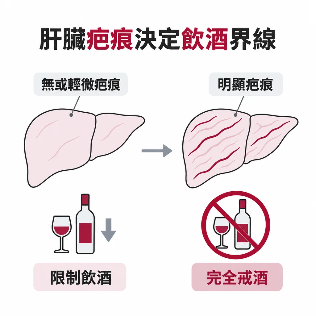 肝臟疤痕輕微時建議限制飲酒，疤痕明顯時建議完全戒酒