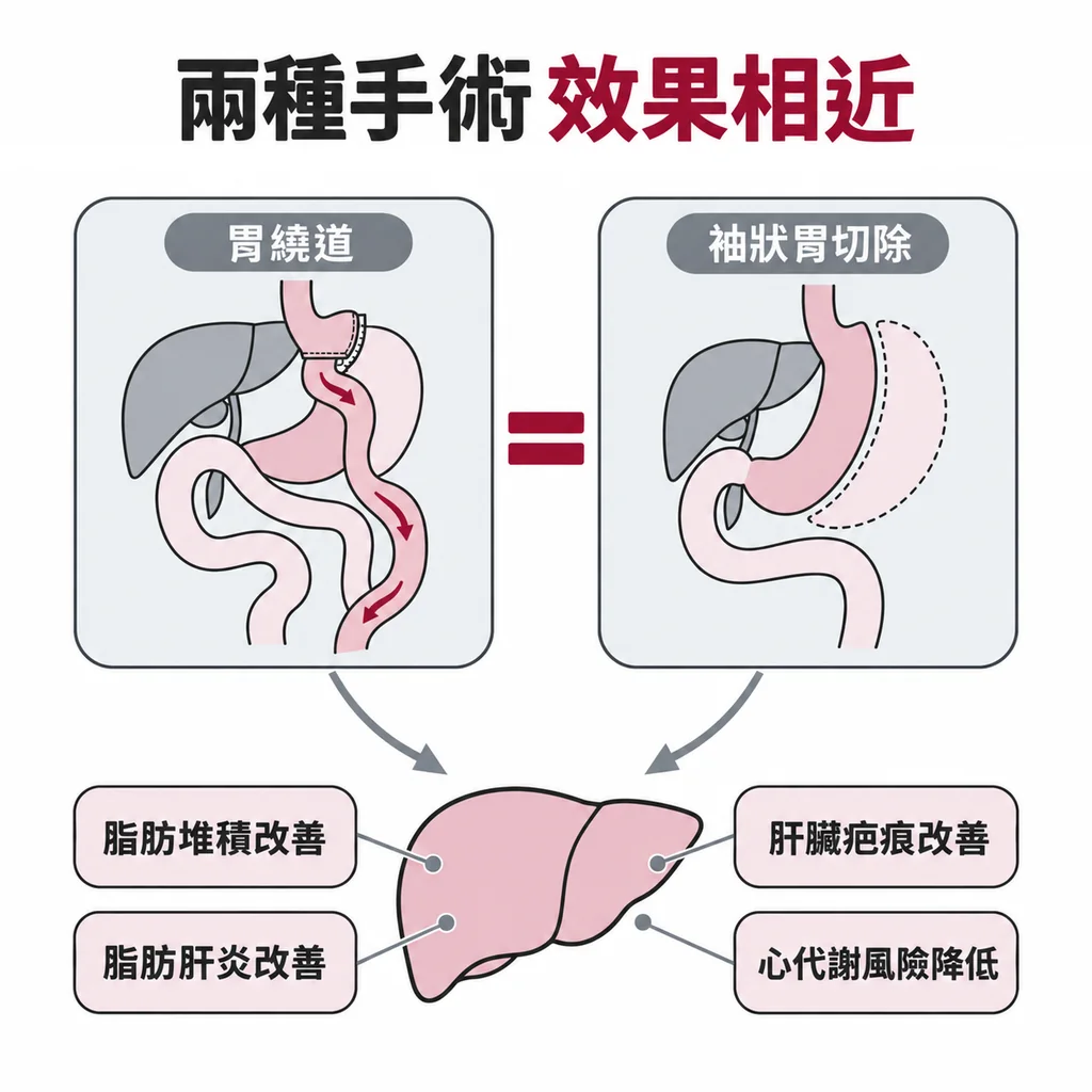胃繞道與袖狀胃切除兩種減重手術，對脂肪肝的效果相近