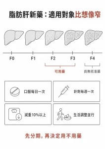 脂肪肝新藥只適用於未肝硬化、纖維化 F2 到 F3 的患者，F4 肝硬化尚無核准的肝臟標靶藥物