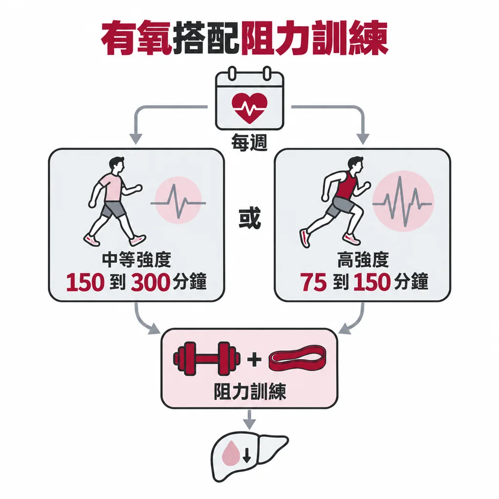 每週中等強度有氧 150 到 300 分鐘，或高強度 75 到 150 分鐘，再加上阻力訓練