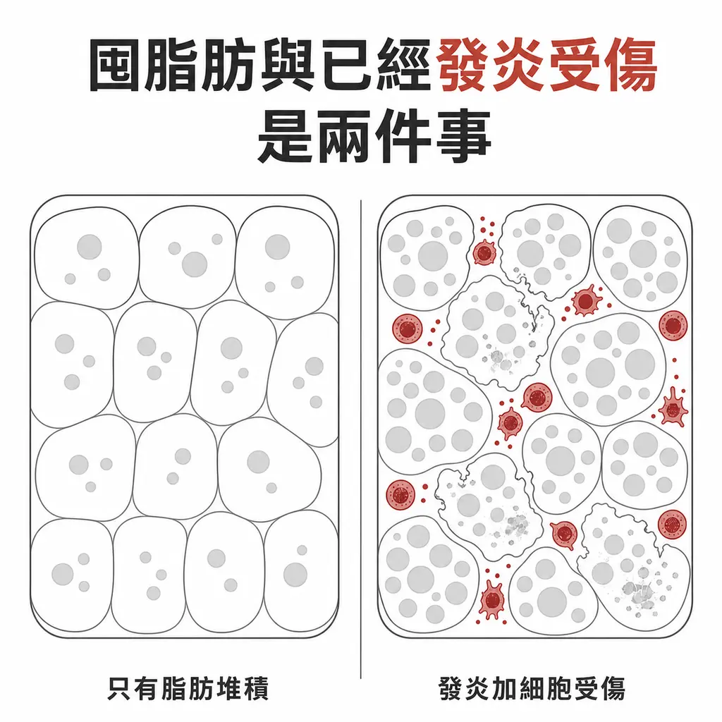 左邊只有脂肪堆積，右邊已經發炎且肝細胞受傷，兩者是不同階段