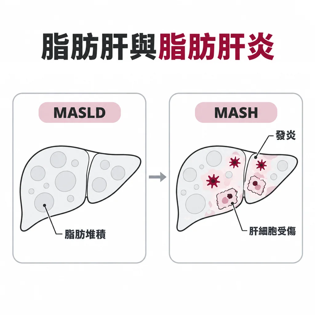左邊只有脂肪堆積，右邊已經發炎且肝細胞受傷，兩者是不同階段