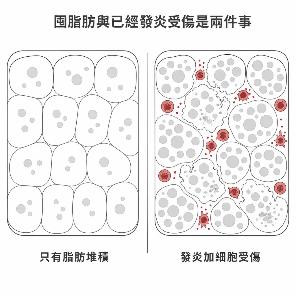 左邊只有脂肪堆積,右邊已經發炎且肝細胞受傷,兩者是不同階段