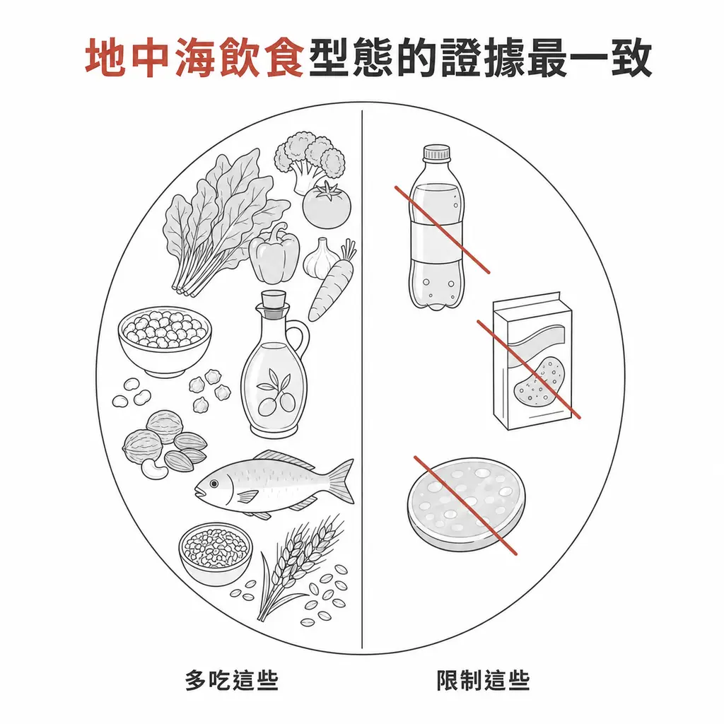 多吃蔬果、豆類、堅果、橄欖油、魚與全穀類，限制含糖飲料、超加工食品與加工肉品