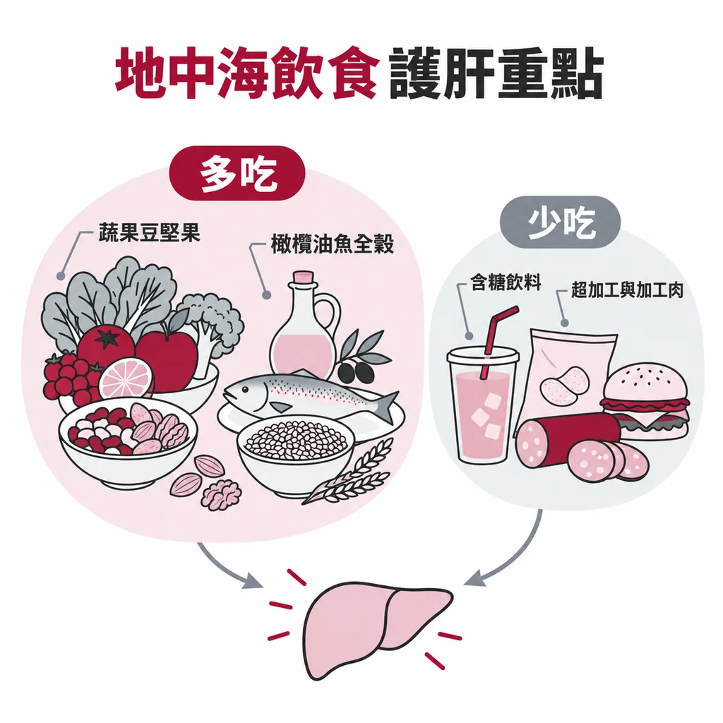 多吃蔬果、豆類、堅果、橄欖油、魚與全穀類，限制含糖飲料、超加工食品與加工肉品