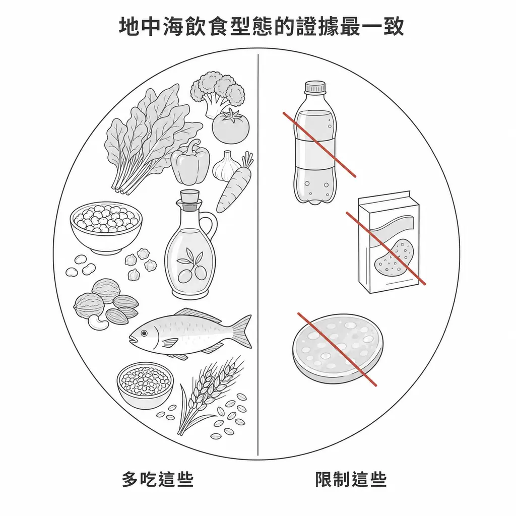 多吃蔬果、豆類、堅果、橄欖油、魚與全穀類,限制含糖飲料、超加工食品與加工肉品