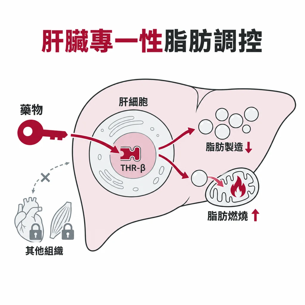 Resmetirom 只作用在肝臟，讓肝臟少製造脂肪、多燒掉脂肪