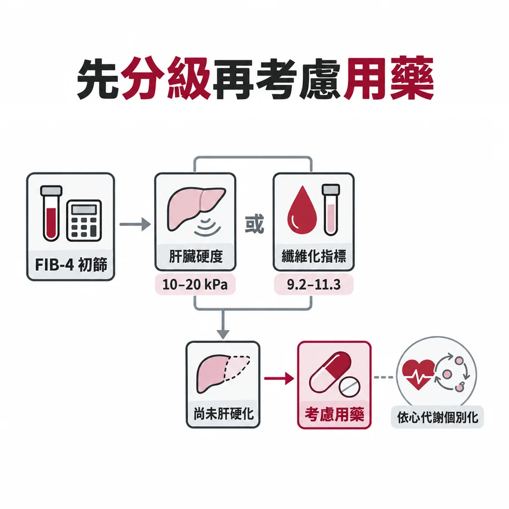 先算 FIB-4 分數，再量肝臟硬度或抽血纖維化指標，符合條件才考慮用藥