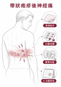 帶狀疱疹後神經痛的神經疼痛、局部貼片、口服治療、腎功能與四到八週評估示意圖