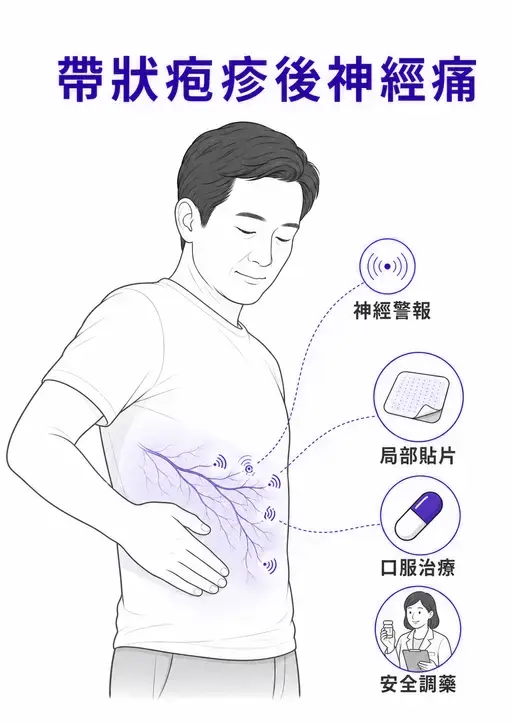 帶狀疱疹後神經痛的神經警報、局部貼片、口服治療與安全調藥示意圖