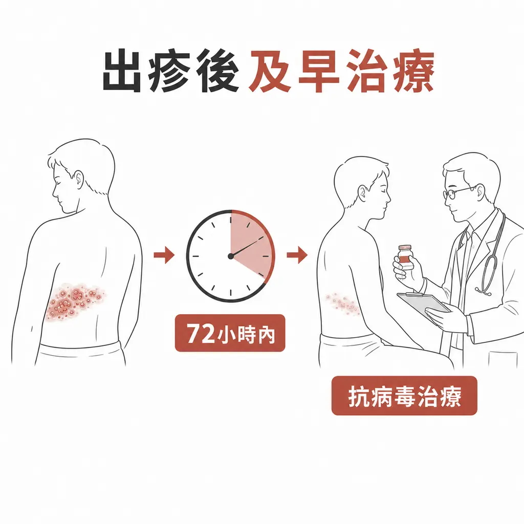 帶狀皰疹出疹後最好在七十二小時內就醫，評估是否需要抗病毒治療