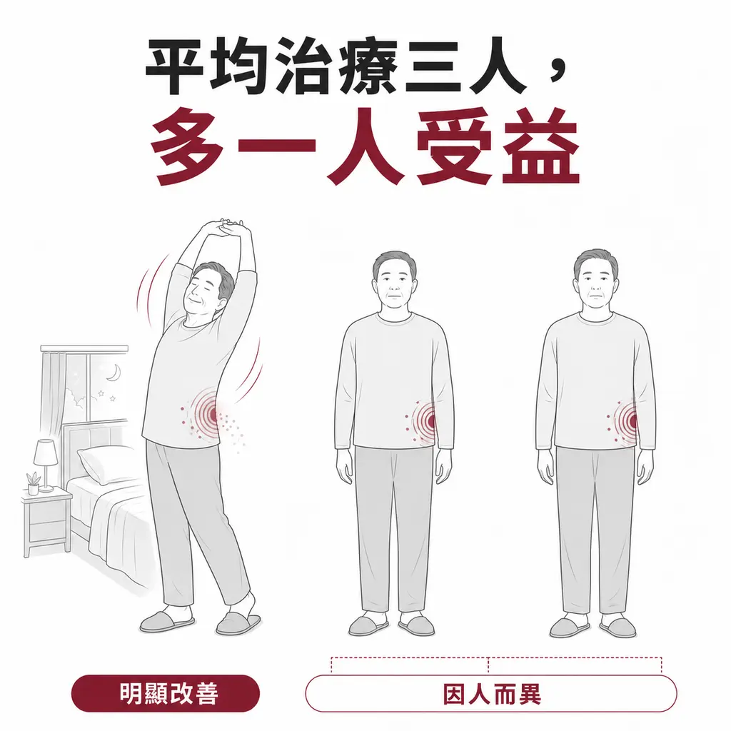 平均治療三人會多一人明顯受益而治療結果因人而異的示意圖