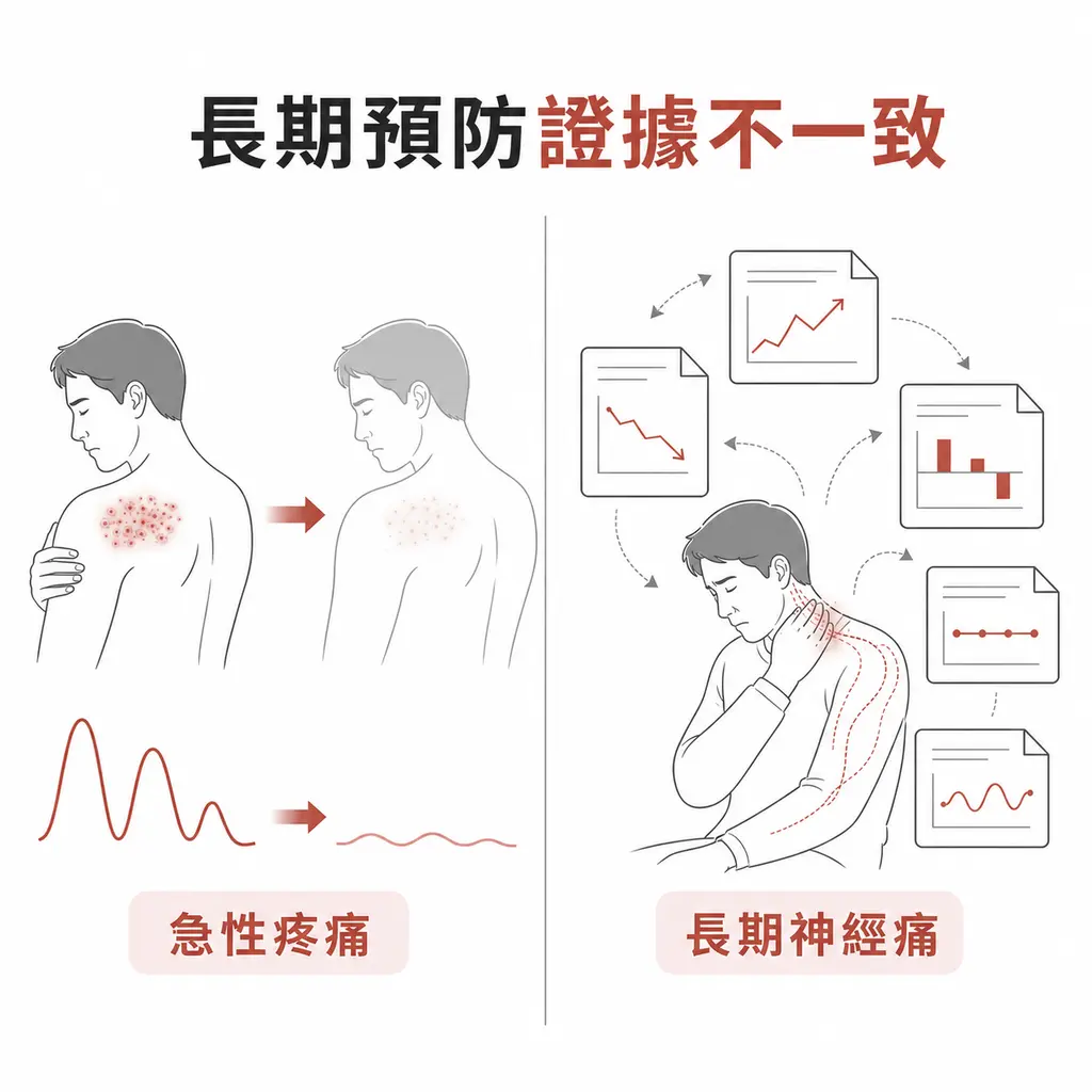 抗病毒治療可減輕帶狀皰疹急性疼痛，但各研究對長期神經痛的預防結果不一致