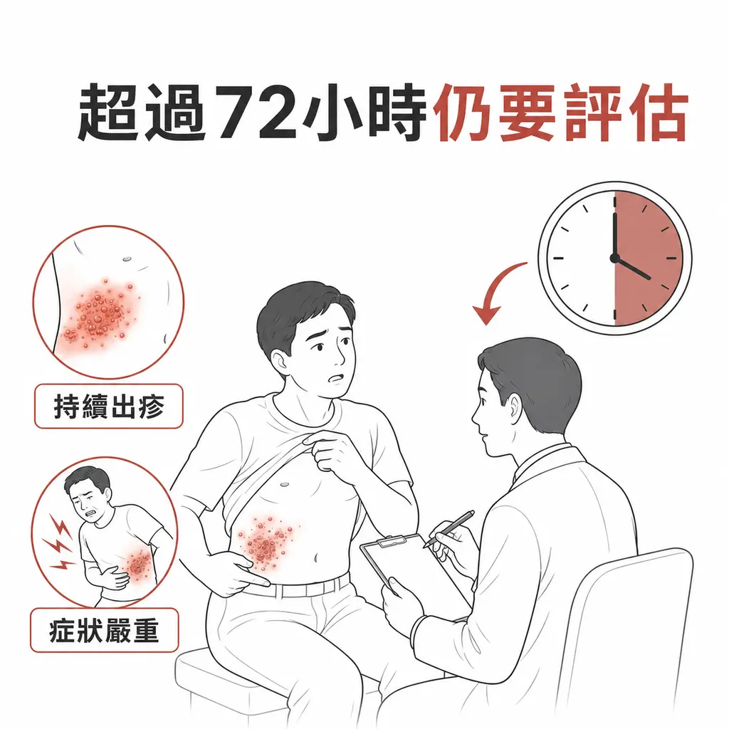 超過出疹後七十二小時，若仍持續出疹或症狀嚴重，仍應就醫評估