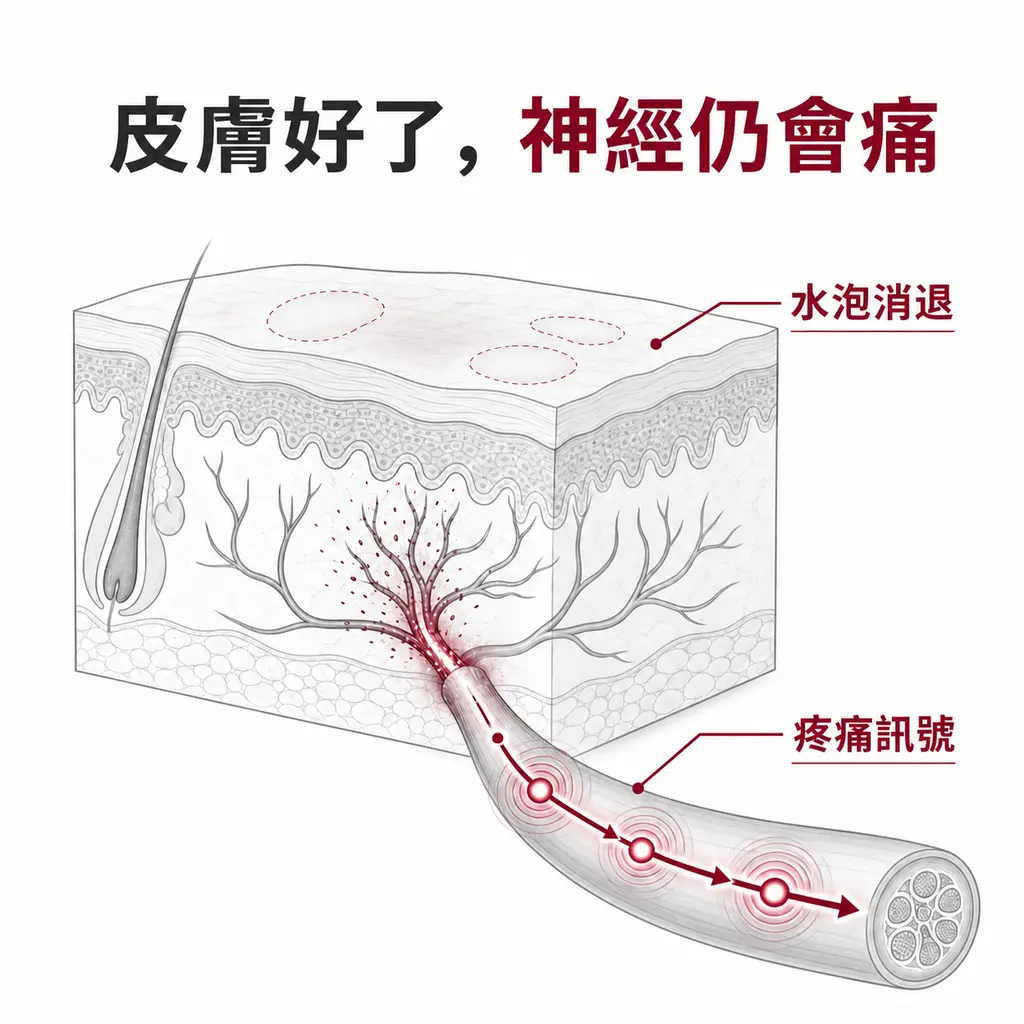 水泡消退後受傷神經仍持續傳送疼痛訊號的示意圖