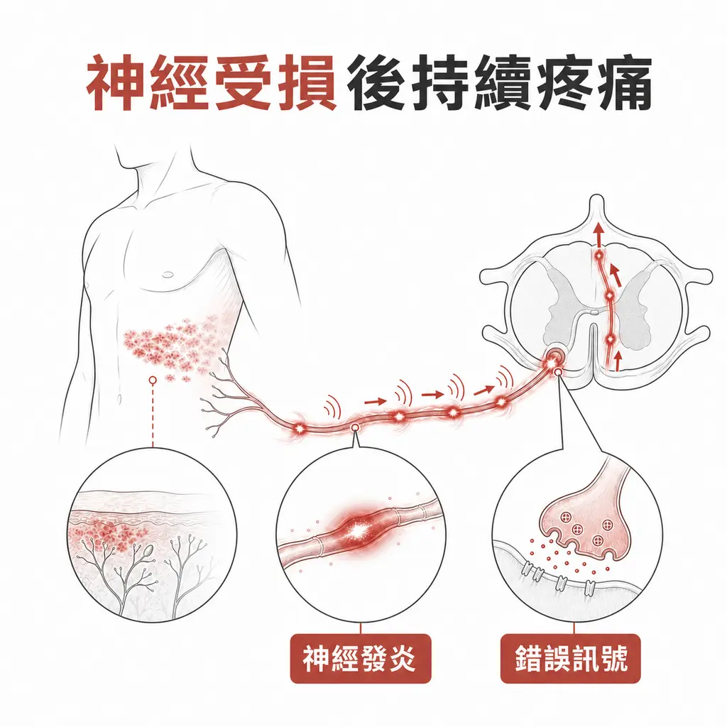 帶狀皰疹皮疹改善後，受傷神經仍可能發炎並持續傳送錯誤疼痛訊號