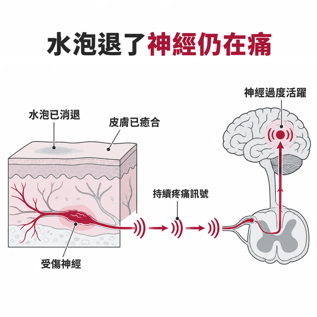 水泡消退後受傷神經仍持續傳送疼痛訊號的示意圖