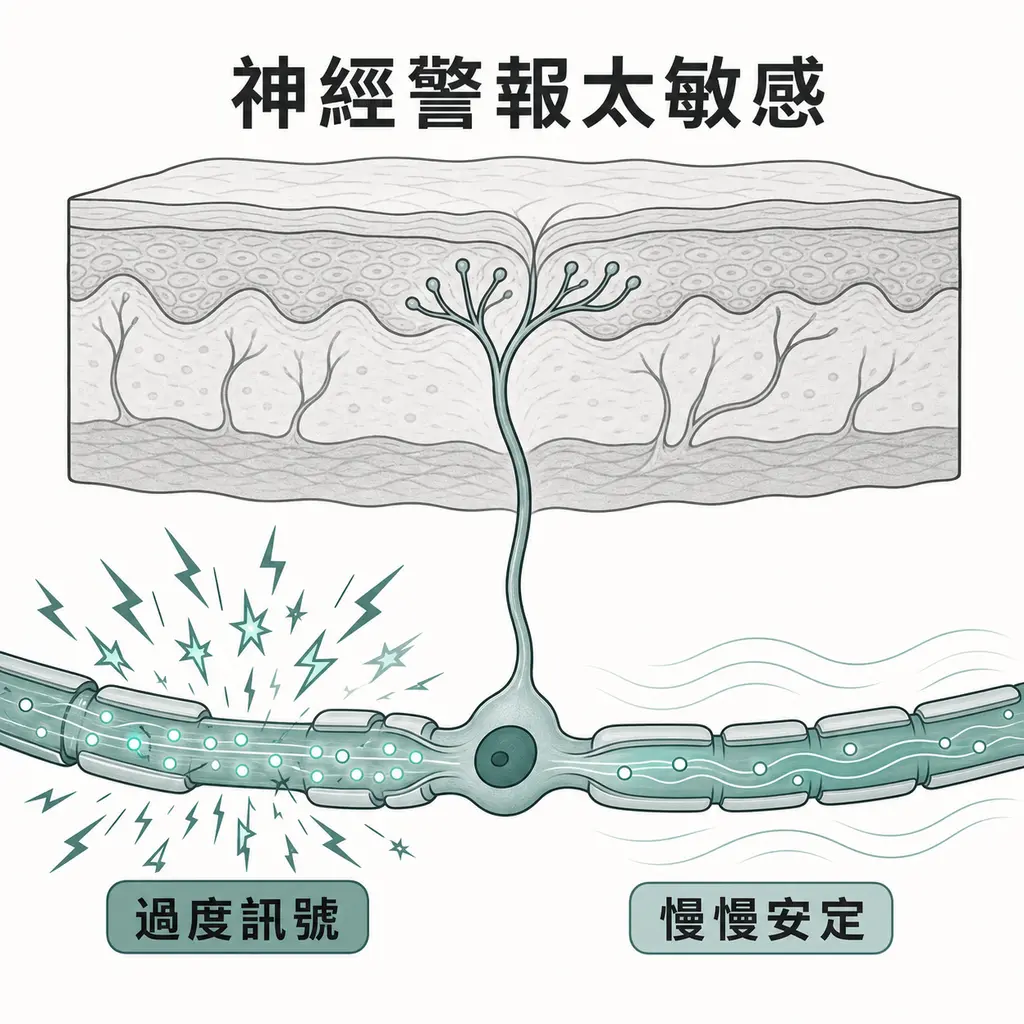 皮膚痊癒後神經仍傳出過度疼痛訊號，藥物幫助訊號慢慢安定